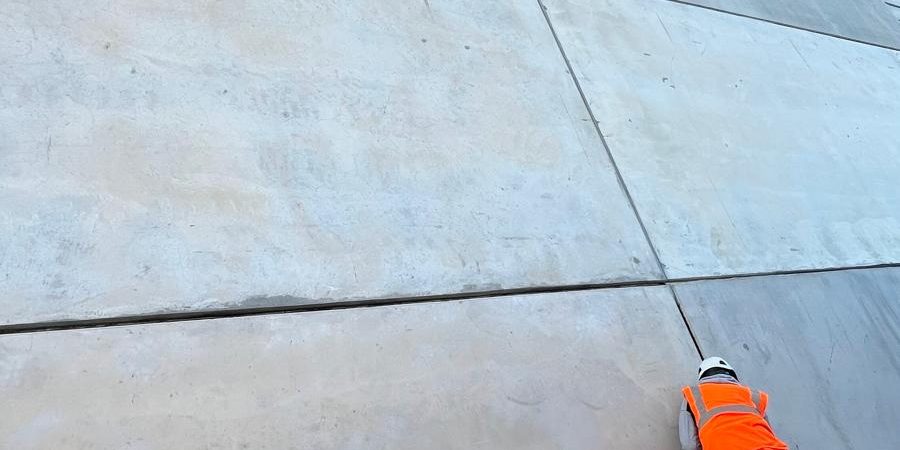 Applicator sealing joints between large precast concrete wall panels at a development in Dagenham, east London