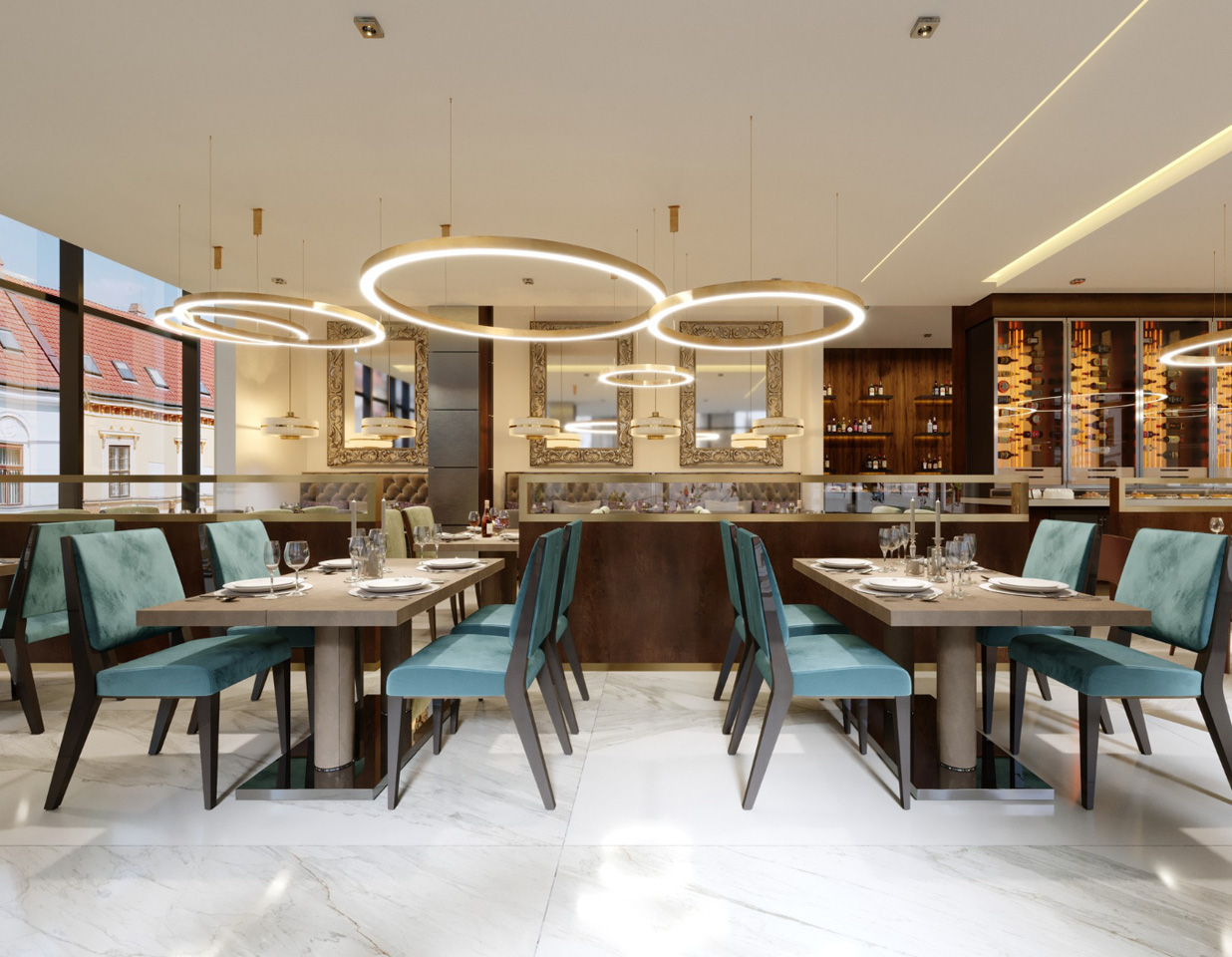 Modern restaurant interior with teal chairs and ring pendant lights