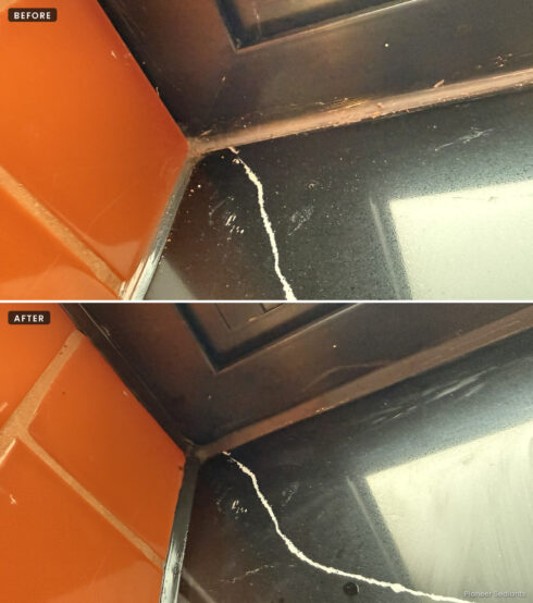 Before and after: dirty, crumbling sealant at a window frame and tile corner replaced with black silicone on a quartz sill