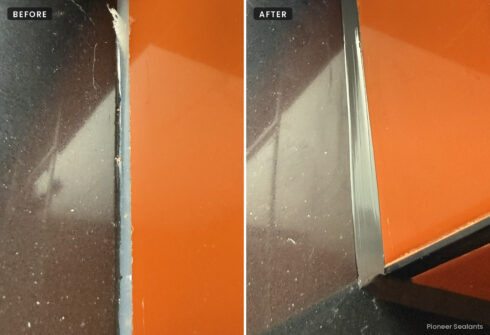Before and after: cracked grey sealant replaced with a black silicone joint between orange tiles and a black quartz sill